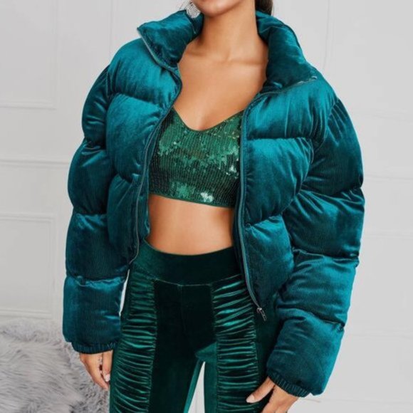 Jackets & Blazers - POCKETED VELVET PUFFER JACKET - EMERALD GREEN